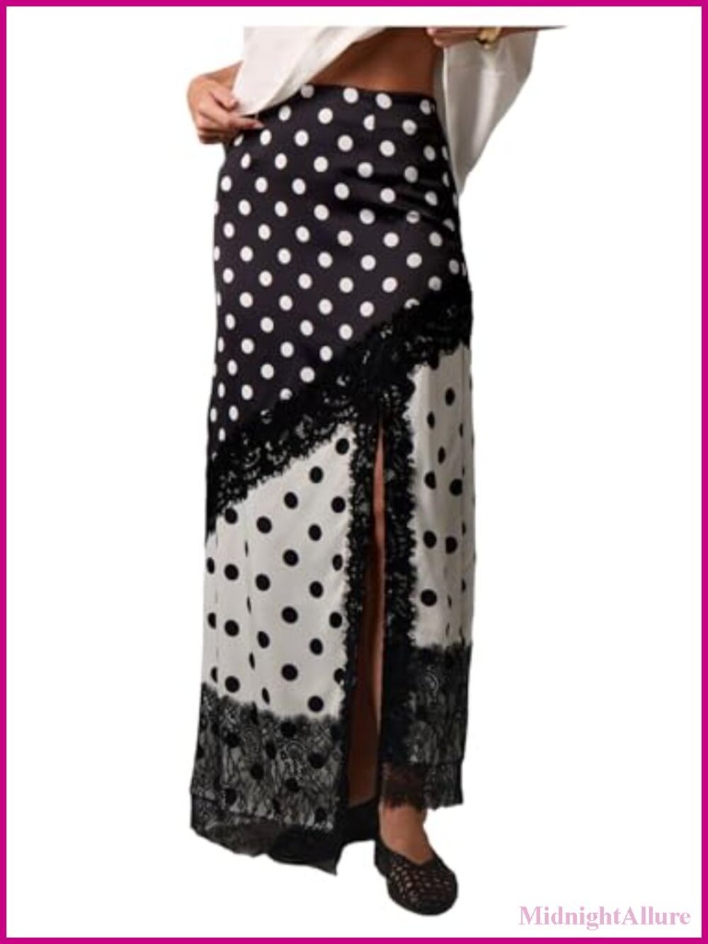 Lace Trim Polka Dot High Rise Maxi Skirt with Slit - Night Out Casual